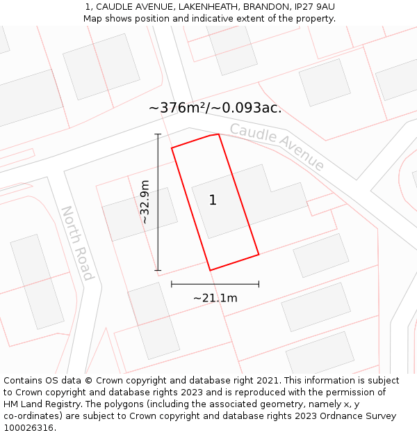 1, CAUDLE AVENUE, LAKENHEATH, BRANDON, IP27 9AU: Plot and title map