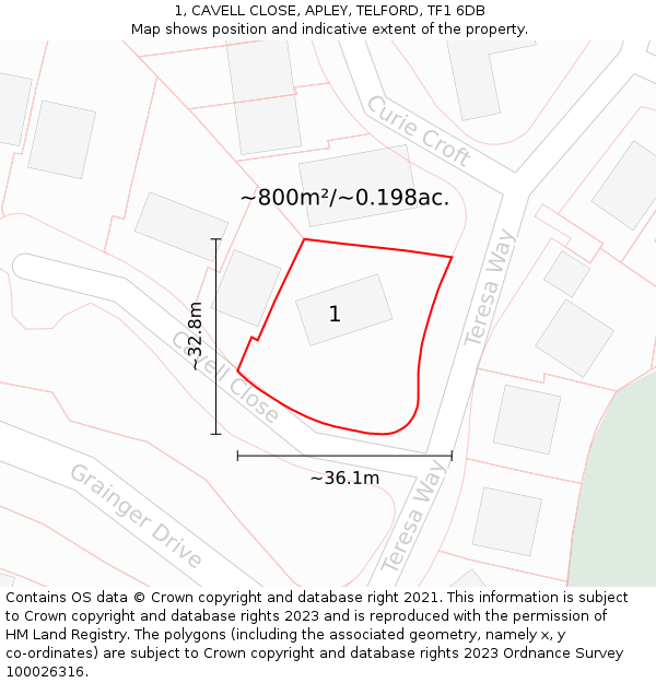 1, CAVELL CLOSE, APLEY, TELFORD, TF1 6DB: Plot and title map
