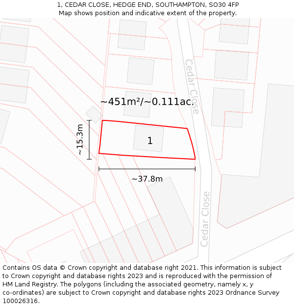 1, CEDAR CLOSE, HEDGE END, SOUTHAMPTON, SO30 4FP: Plot and title map