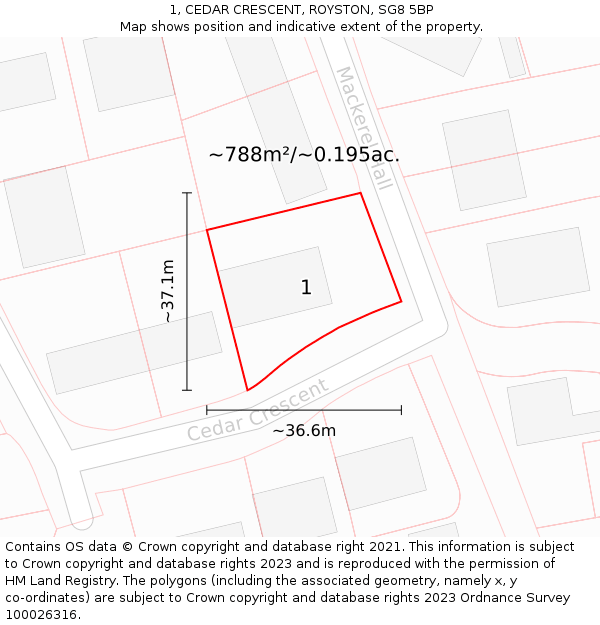 1, CEDAR CRESCENT, ROYSTON, SG8 5BP: Plot and title map