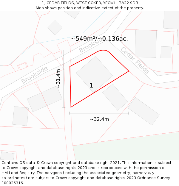 1, CEDAR FIELDS, WEST COKER, YEOVIL, BA22 9DB: Plot and title map