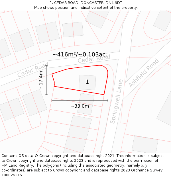 1, CEDAR ROAD, DONCASTER, DN4 9DT: Plot and title map