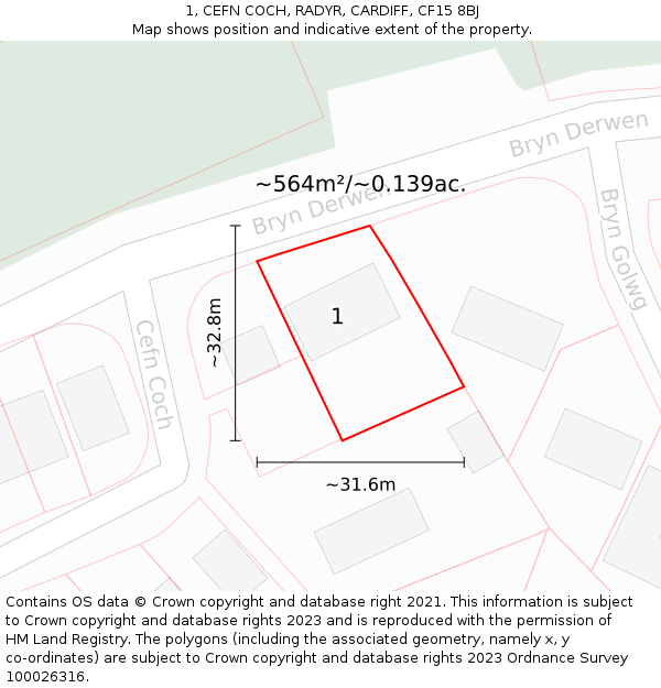 1, CEFN COCH, RADYR, CARDIFF, CF15 8BJ: Plot and title map