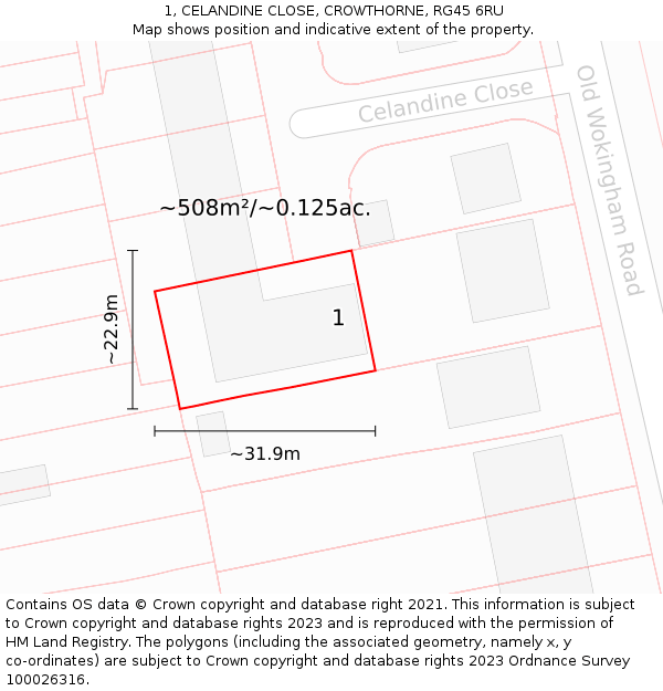 1, CELANDINE CLOSE, CROWTHORNE, RG45 6RU: Plot and title map