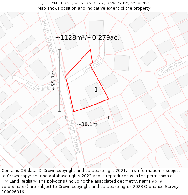1, CELYN CLOSE, WESTON RHYN, OSWESTRY, SY10 7RB: Plot and title map
