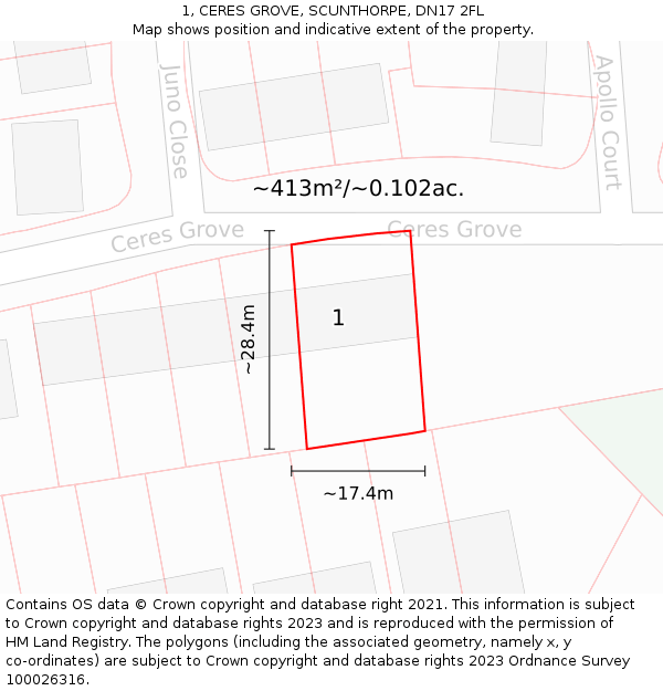 1, CERES GROVE, SCUNTHORPE, DN17 2FL: Plot and title map