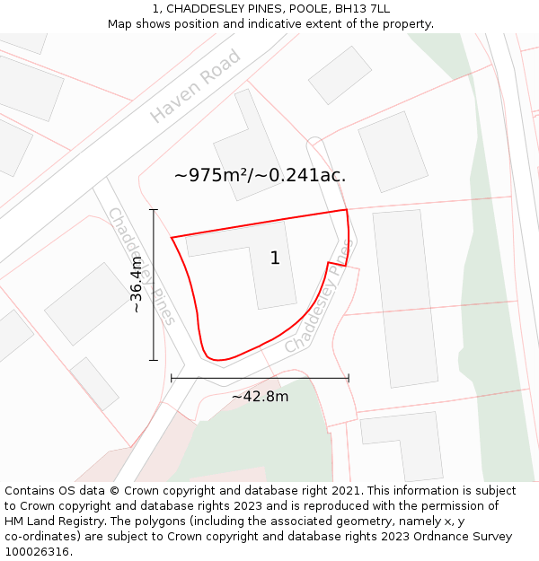 1, CHADDESLEY PINES, POOLE, BH13 7LL: Plot and title map