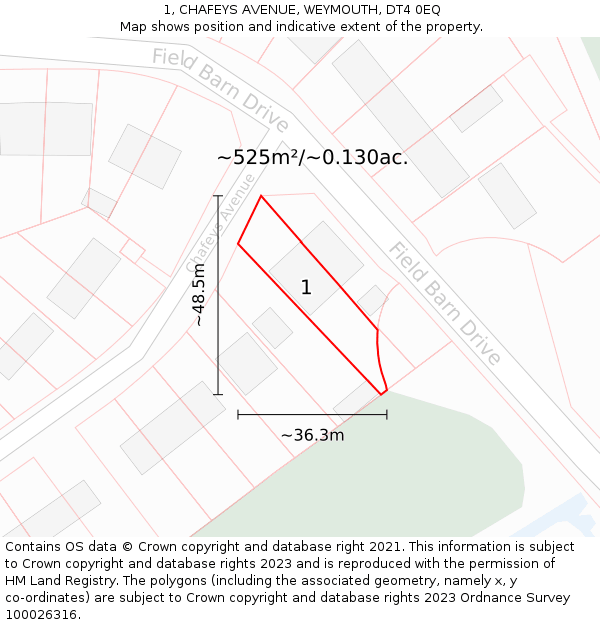 1, CHAFEYS AVENUE, WEYMOUTH, DT4 0EQ: Plot and title map