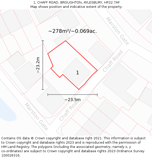 1, CHAFF ROAD, BROUGHTON, AYLESBURY, HP22 7AF: Plot and title map