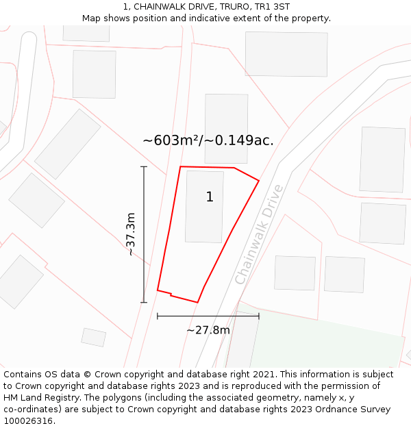 1, CHAINWALK DRIVE, TRURO, TR1 3ST: Plot and title map