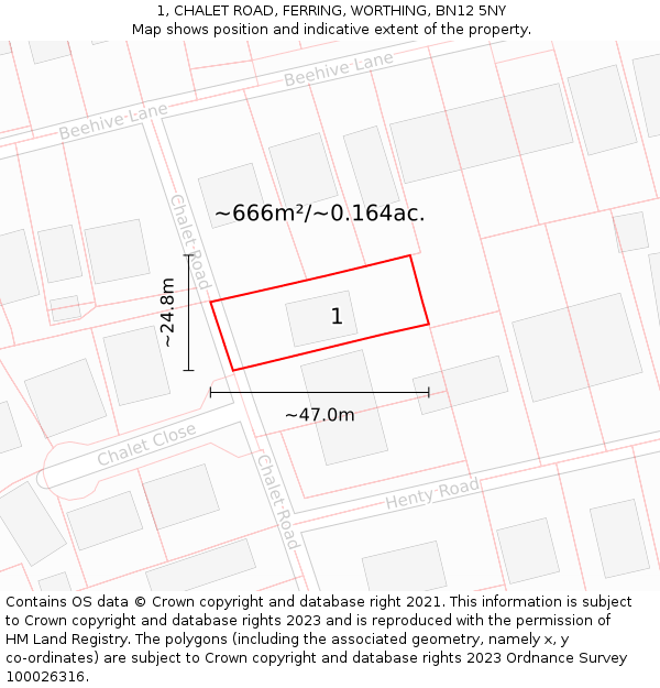 1, CHALET ROAD, FERRING, WORTHING, BN12 5NY: Plot and title map