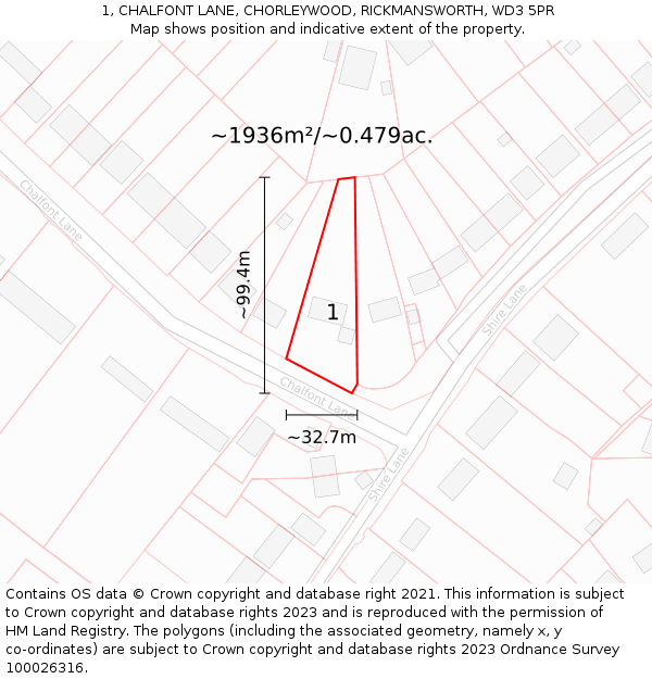 1, CHALFONT LANE, CHORLEYWOOD, RICKMANSWORTH, WD3 5PR: Plot and title map