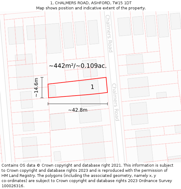 1, CHALMERS ROAD, ASHFORD, TW15 1DT: Plot and title map