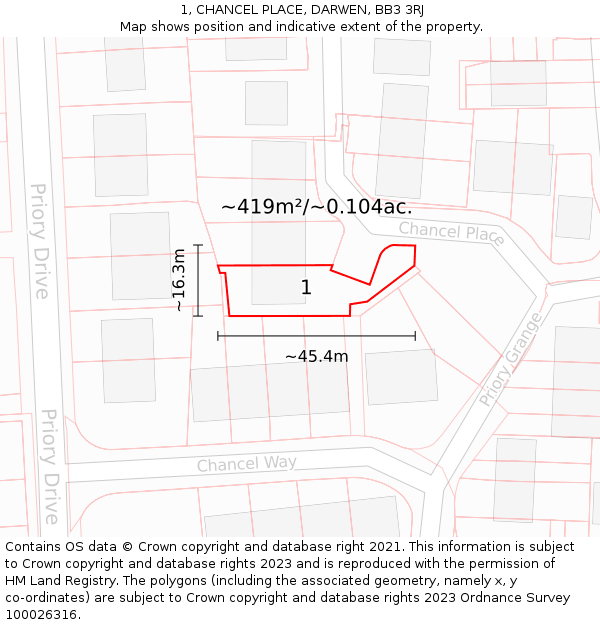 1, CHANCEL PLACE, DARWEN, BB3 3RJ: Plot and title map