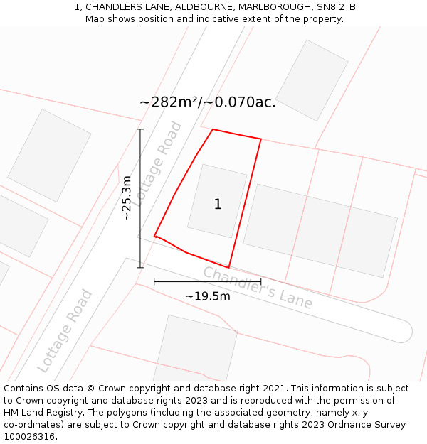 1, CHANDLERS LANE, ALDBOURNE, MARLBOROUGH, SN8 2TB: Plot and title map