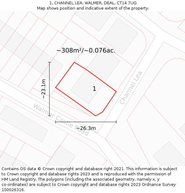 1, CHANNEL LEA, WALMER, DEAL, CT14 7UG: Plot and title map