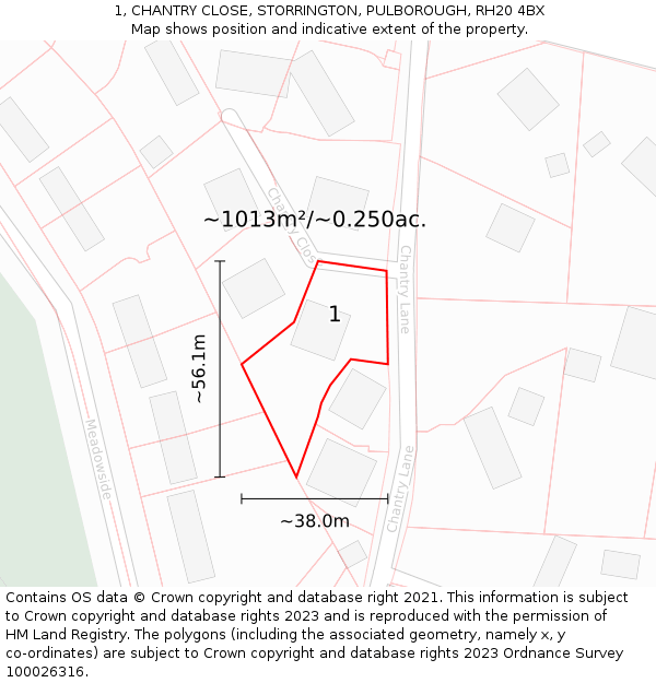 1, CHANTRY CLOSE, STORRINGTON, PULBOROUGH, RH20 4BX: Plot and title map