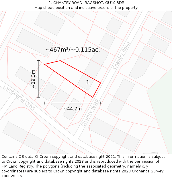 1, CHANTRY ROAD, BAGSHOT, GU19 5DB: Plot and title map