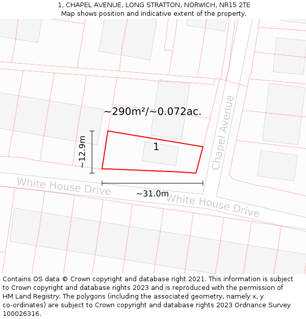 1, CHAPEL AVENUE, LONG STRATTON, NORWICH, NR15 2TE: Plot and title map