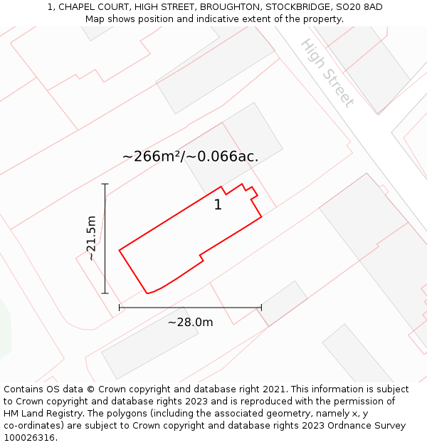 1, CHAPEL COURT, HIGH STREET, BROUGHTON, STOCKBRIDGE, SO20 8AD: Plot and title map