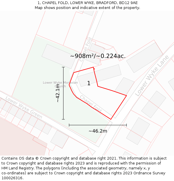 1, CHAPEL FOLD, LOWER WYKE, BRADFORD, BD12 9AE: Plot and title map