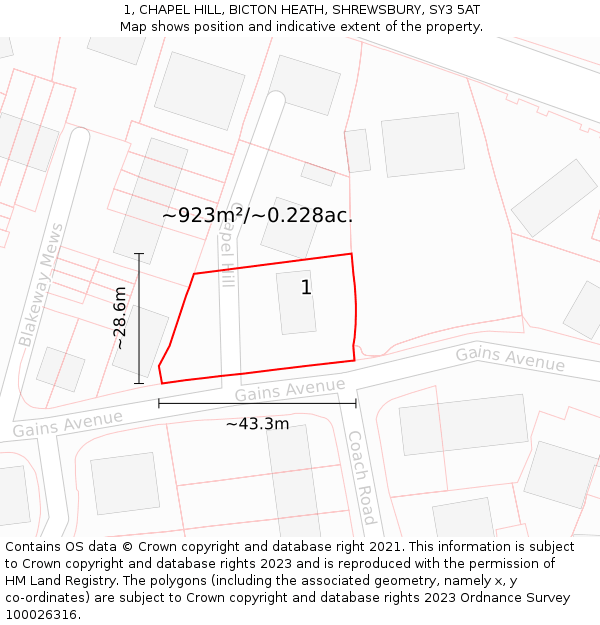 1, CHAPEL HILL, BICTON HEATH, SHREWSBURY, SY3 5AT: Plot and title map