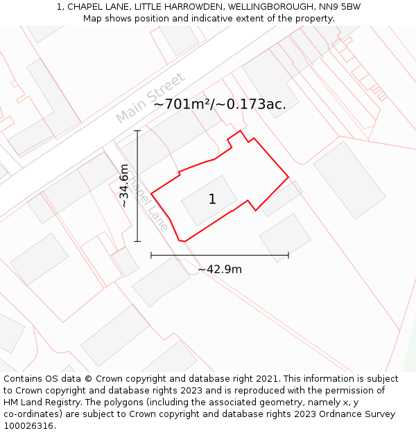 1, CHAPEL LANE, LITTLE HARROWDEN, WELLINGBOROUGH, NN9 5BW: Plot and title map