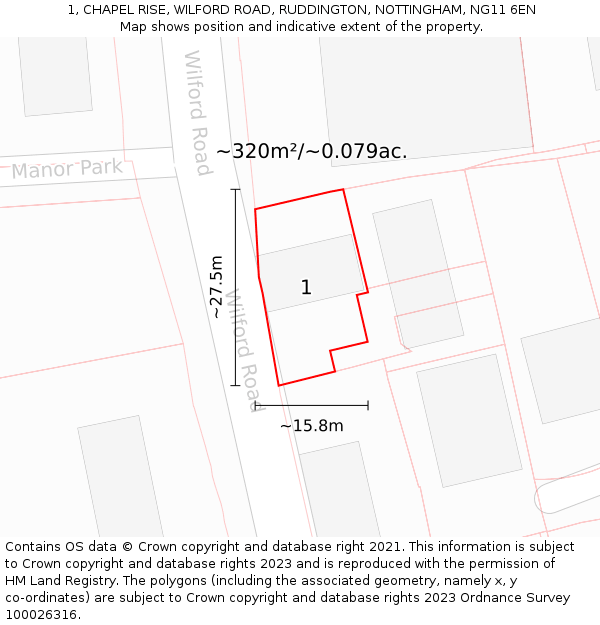 1, CHAPEL RISE, WILFORD ROAD, RUDDINGTON, NOTTINGHAM, NG11 6EN: Plot and title map