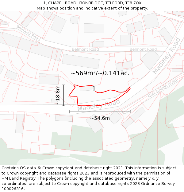 1, CHAPEL ROAD, IRONBRIDGE, TELFORD, TF8 7QX: Plot and title map