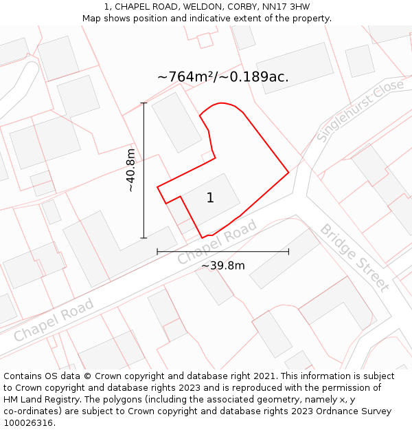 1, CHAPEL ROAD, WELDON, CORBY, NN17 3HW: Plot and title map