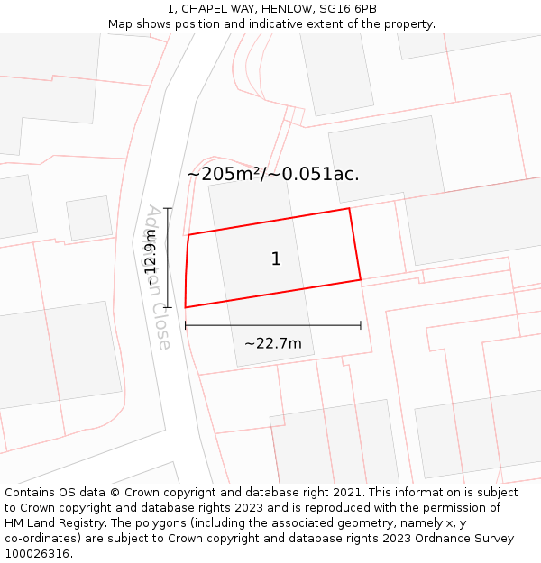 1, CHAPEL WAY, HENLOW, SG16 6PB: Plot and title map