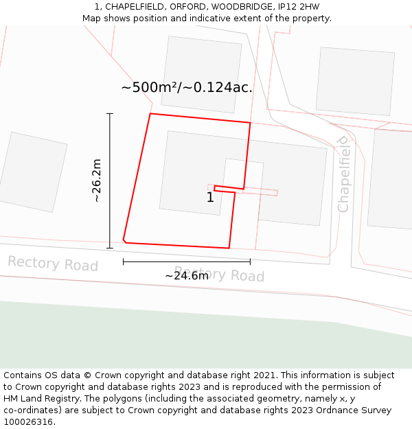 1, CHAPELFIELD, ORFORD, WOODBRIDGE, IP12 2HW: Plot and title map