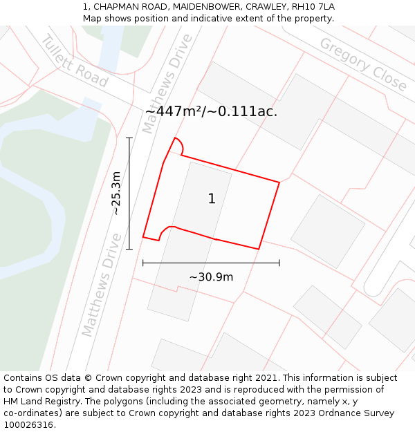 1, CHAPMAN ROAD, MAIDENBOWER, CRAWLEY, RH10 7LA: Plot and title map