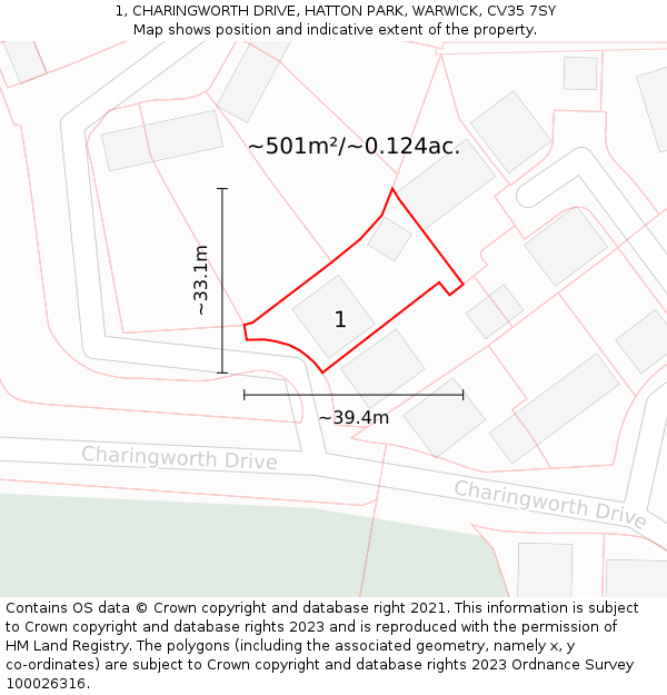 1, CHARINGWORTH DRIVE, HATTON PARK, WARWICK, CV35 7SY: Plot and title map