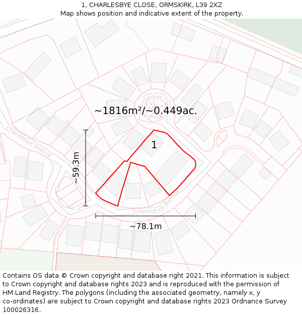 1, CHARLESBYE CLOSE, ORMSKIRK, L39 2XZ: Plot and title map