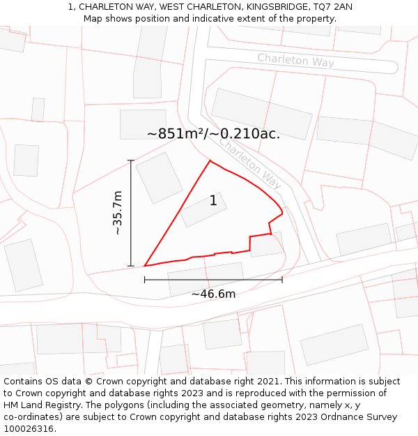 1, CHARLETON WAY, WEST CHARLETON, KINGSBRIDGE, TQ7 2AN: Plot and title map