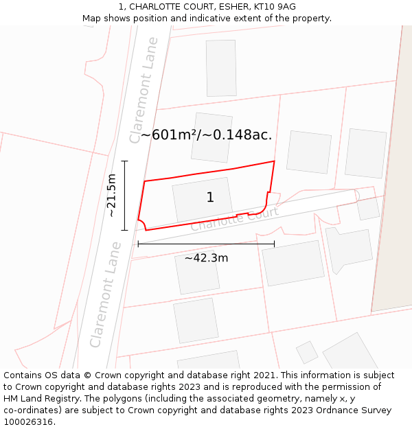 1, CHARLOTTE COURT, ESHER, KT10 9AG: Plot and title map