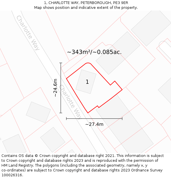 1, CHARLOTTE WAY, PETERBOROUGH, PE3 9ER: Plot and title map