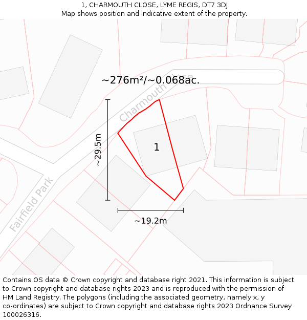 1, CHARMOUTH CLOSE, LYME REGIS, DT7 3DJ: Plot and title map