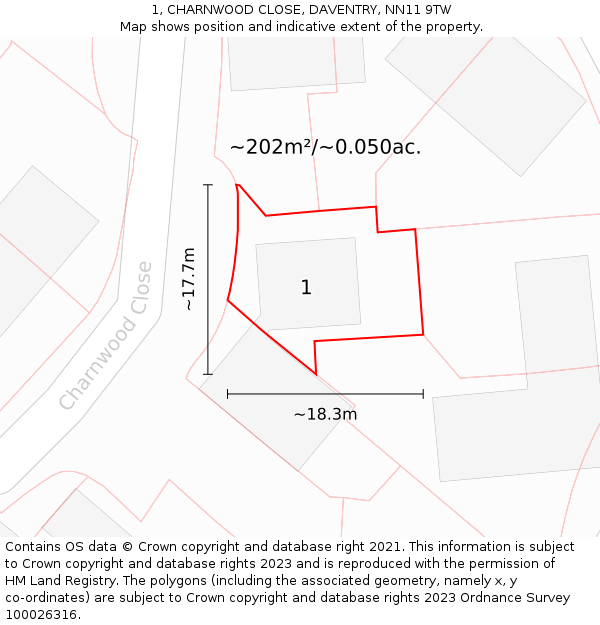 1, CHARNWOOD CLOSE, DAVENTRY, NN11 9TW: Plot and title map