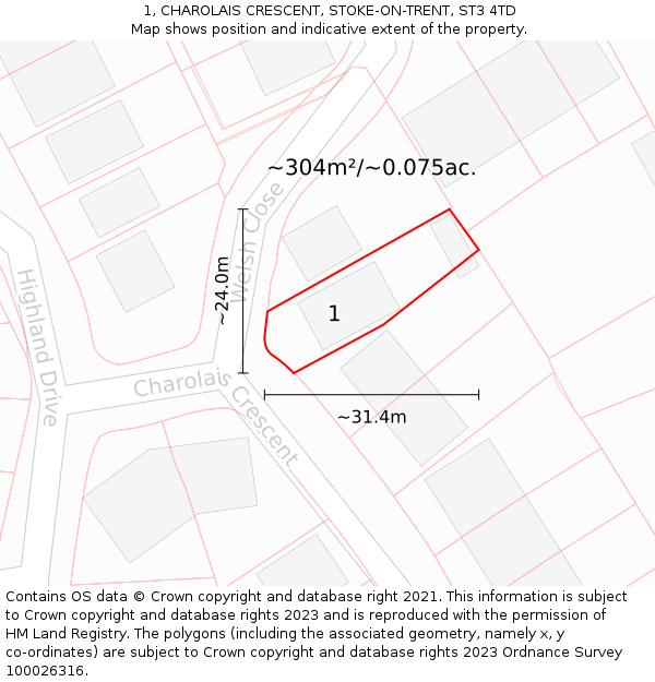 1, CHAROLAIS CRESCENT, STOKE-ON-TRENT, ST3 4TD: Plot and title map