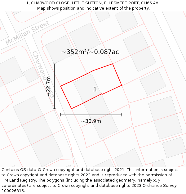 1, CHARWOOD CLOSE, LITTLE SUTTON, ELLESMERE PORT, CH66 4AL: Plot and title map