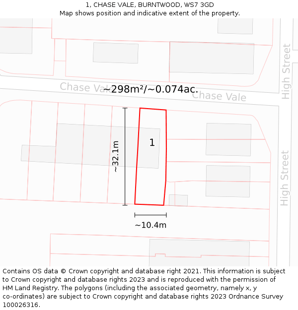 1, CHASE VALE, BURNTWOOD, WS7 3GD: Plot and title map
