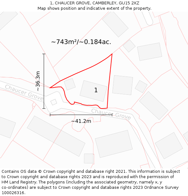 1, CHAUCER GROVE, CAMBERLEY, GU15 2XZ: Plot and title map