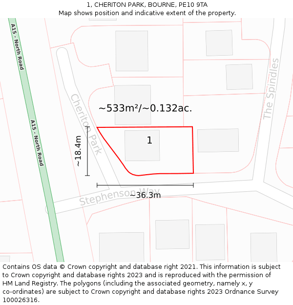 1, CHERITON PARK, BOURNE, PE10 9TA: Plot and title map