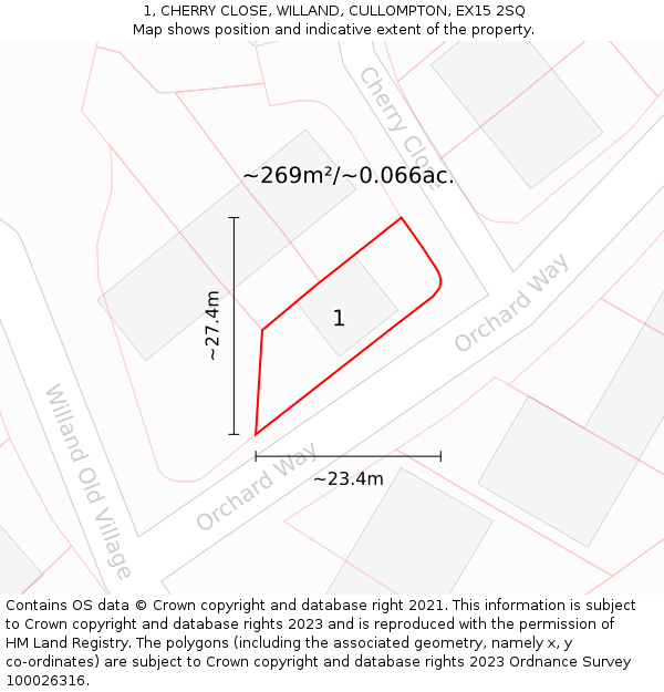 1, CHERRY CLOSE, WILLAND, CULLOMPTON, EX15 2SQ: Plot and title map