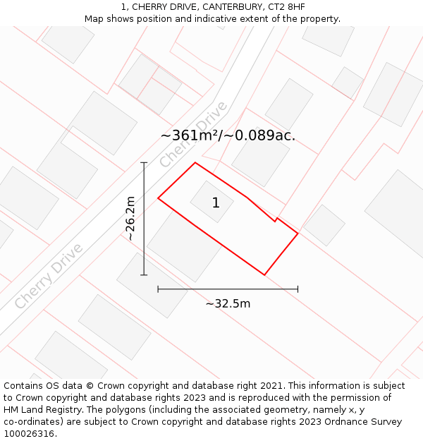 1, CHERRY DRIVE, CANTERBURY, CT2 8HF: Plot and title map