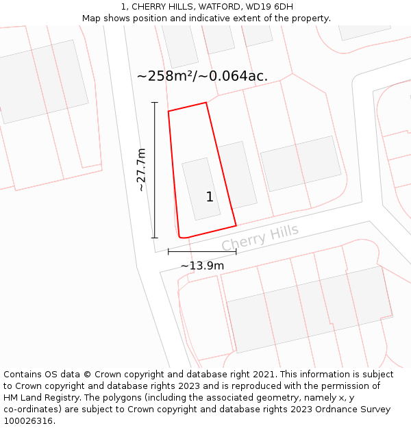 1, CHERRY HILLS, WATFORD, WD19 6DH: Plot and title map