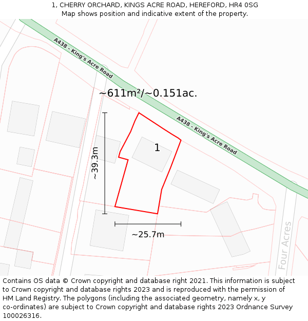 1, CHERRY ORCHARD, KINGS ACRE ROAD, HEREFORD, HR4 0SG: Plot and title map