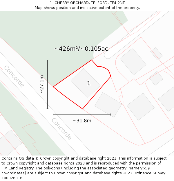 1, CHERRY ORCHARD, TELFORD, TF4 2NT: Plot and title map